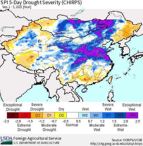 China, Mongolia and Taiwan SPI 5-Day Drought Severity (CHIRPS) Thematic Map For 9/1/2021 - 9/5/2021