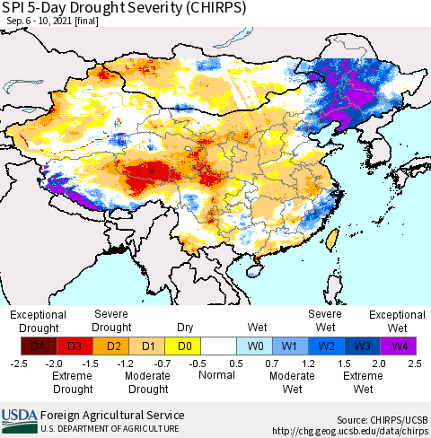 China, Mongolia and Taiwan SPI 5-Day Drought Severity (CHIRPS) Thematic Map For 9/6/2021 - 9/10/2021