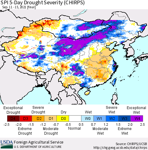 China, Mongolia and Taiwan SPI 5-Day Drought Severity (CHIRPS) Thematic Map For 9/11/2021 - 9/15/2021