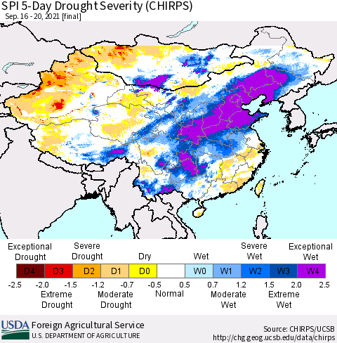 China, Mongolia and Taiwan SPI 5-Day Drought Severity (CHIRPS) Thematic Map For 9/16/2021 - 9/20/2021