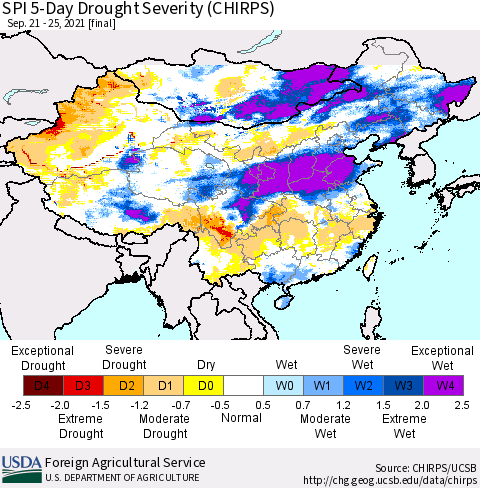 China, Mongolia and Taiwan SPI 5-Day Drought Severity (CHIRPS) Thematic Map For 9/21/2021 - 9/25/2021