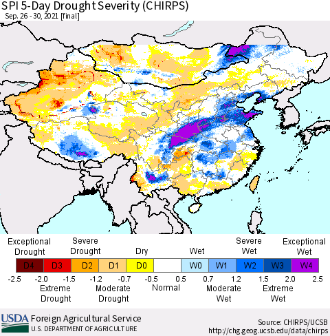 China, Mongolia and Taiwan SPI 5-Day Drought Severity (CHIRPS) Thematic Map For 9/26/2021 - 9/30/2021