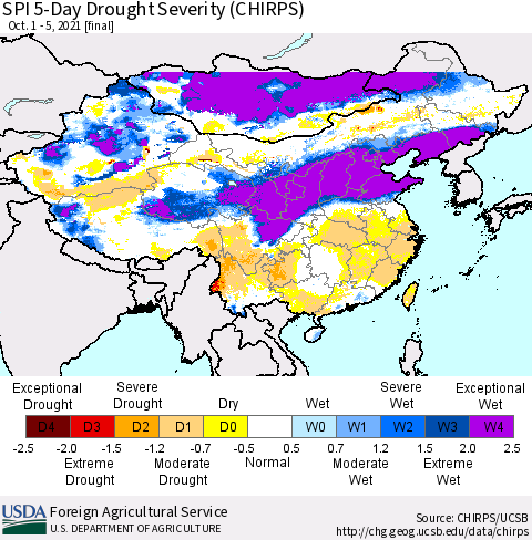 China, Mongolia and Taiwan SPI 5-Day Drought Severity (CHIRPS) Thematic Map For 10/1/2021 - 10/5/2021