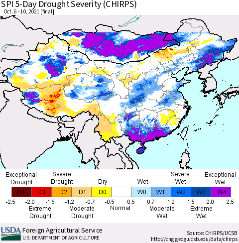China, Mongolia and Taiwan SPI 5-Day Drought Severity (CHIRPS) Thematic Map For 10/6/2021 - 10/10/2021