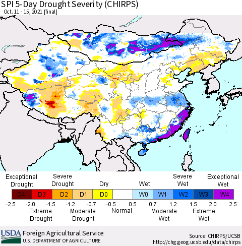 China, Mongolia and Taiwan SPI 5-Day Drought Severity (CHIRPS) Thematic Map For 10/11/2021 - 10/15/2021