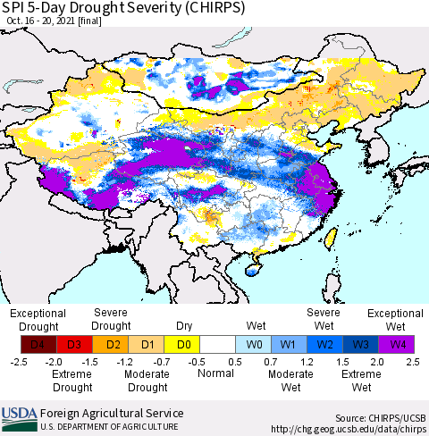China, Mongolia and Taiwan SPI 5-Day Drought Severity (CHIRPS) Thematic Map For 10/16/2021 - 10/20/2021