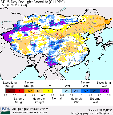 China, Mongolia and Taiwan SPI 5-Day Drought Severity (CHIRPS) Thematic Map For 10/21/2021 - 10/25/2021