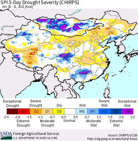 China, Mongolia and Taiwan SPI 5-Day Drought Severity (CHIRPS) Thematic Map For 10/26/2021 - 10/31/2021
