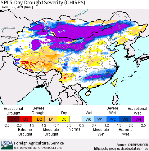 China, Mongolia and Taiwan SPI 5-Day Drought Severity (CHIRPS) Thematic Map For 11/1/2021 - 11/5/2021
