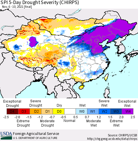 China, Mongolia and Taiwan SPI 5-Day Drought Severity (CHIRPS) Thematic Map For 11/6/2021 - 11/10/2021