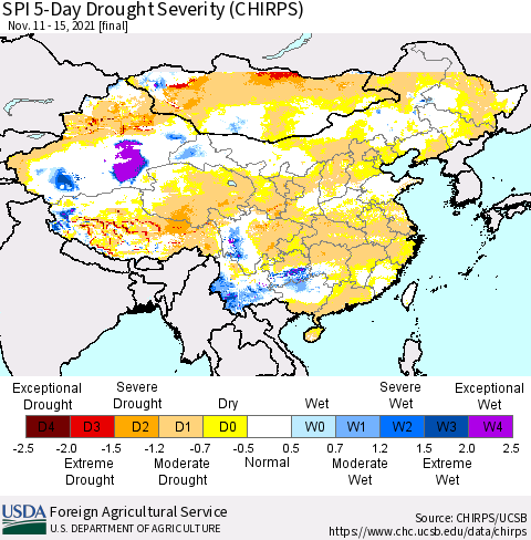 China, Mongolia and Taiwan SPI 5-Day Drought Severity (CHIRPS) Thematic Map For 11/11/2021 - 11/15/2021