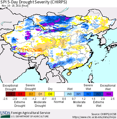 China, Mongolia and Taiwan SPI 5-Day Drought Severity (CHIRPS) Thematic Map For 11/16/2021 - 11/20/2021