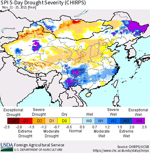 China, Mongolia and Taiwan SPI 5-Day Drought Severity (CHIRPS) Thematic Map For 11/21/2021 - 11/25/2021
