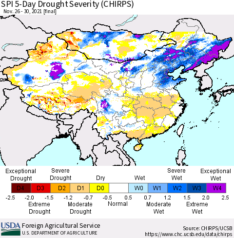 China, Mongolia and Taiwan SPI 5-Day Drought Severity (CHIRPS) Thematic Map For 11/26/2021 - 11/30/2021