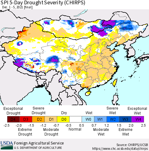 China, Mongolia and Taiwan SPI 5-Day Drought Severity (CHIRPS) Thematic Map For 12/1/2021 - 12/5/2021