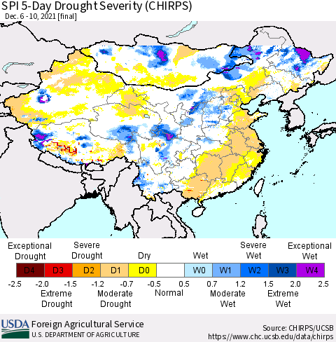 China, Mongolia and Taiwan SPI 5-Day Drought Severity (CHIRPS) Thematic Map For 12/6/2021 - 12/10/2021