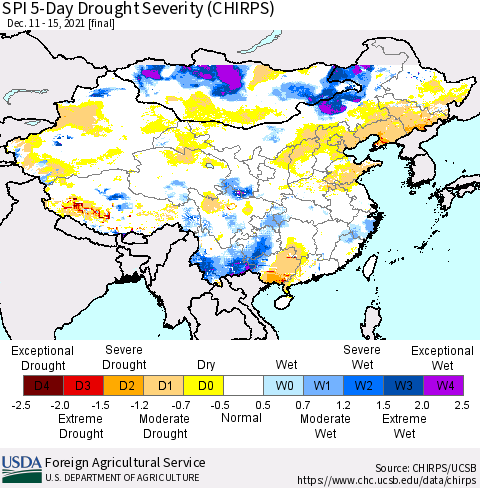 China, Mongolia and Taiwan SPI 5-Day Drought Severity (CHIRPS) Thematic Map For 12/11/2021 - 12/15/2021