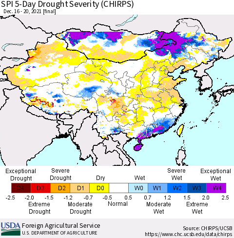 China, Mongolia and Taiwan SPI 5-Day Drought Severity (CHIRPS) Thematic Map For 12/16/2021 - 12/20/2021
