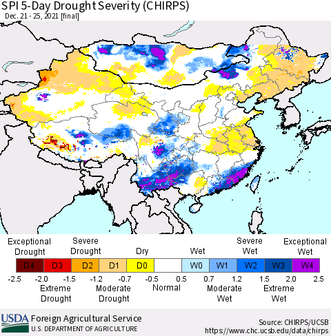 China, Mongolia and Taiwan SPI 5-Day Drought Severity (CHIRPS) Thematic Map For 12/21/2021 - 12/25/2021