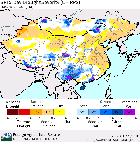 China, Mongolia and Taiwan SPI 5-Day Drought Severity (CHIRPS) Thematic Map For 12/26/2021 - 12/31/2021