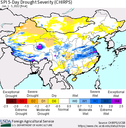 China, Mongolia and Taiwan SPI 5-Day Drought Severity (CHIRPS) Thematic Map For 1/1/2022 - 1/5/2022