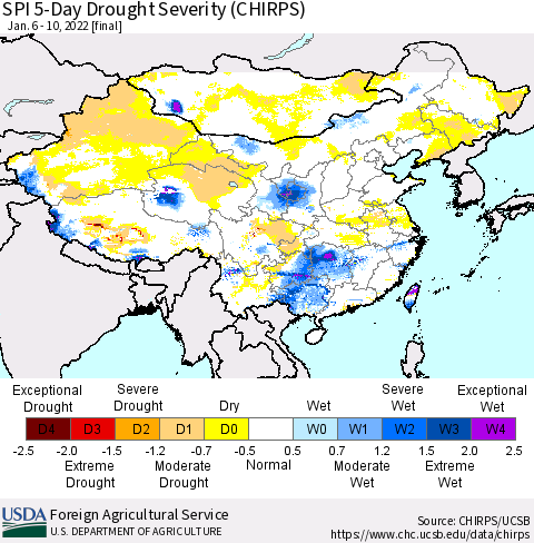 China, Mongolia and Taiwan SPI 5-Day Drought Severity (CHIRPS) Thematic Map For 1/6/2022 - 1/10/2022