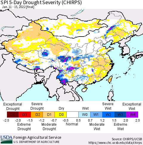 China, Mongolia and Taiwan SPI 5-Day Drought Severity (CHIRPS) Thematic Map For 1/11/2022 - 1/15/2022