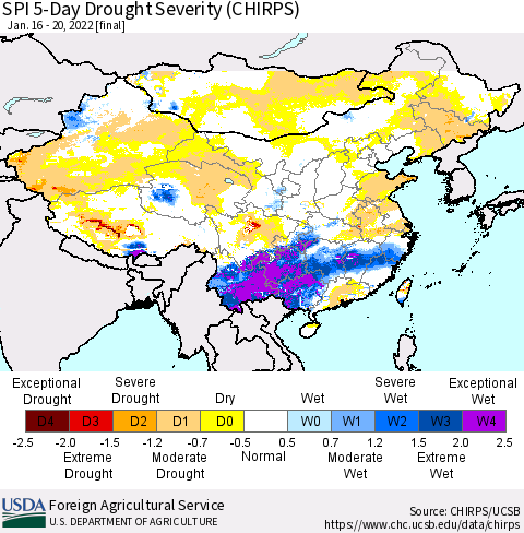 China, Mongolia and Taiwan SPI 5-Day Drought Severity (CHIRPS) Thematic Map For 1/16/2022 - 1/20/2022