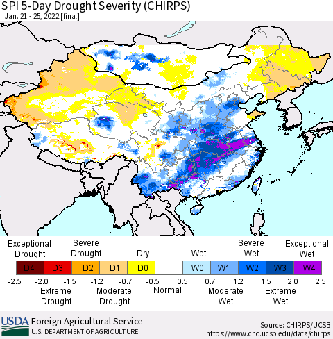 China, Mongolia and Taiwan SPI 5-Day Drought Severity (CHIRPS) Thematic Map For 1/21/2022 - 1/25/2022