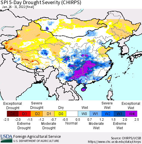 China, Mongolia and Taiwan SPI 5-Day Drought Severity (CHIRPS) Thematic Map For 1/26/2022 - 1/31/2022