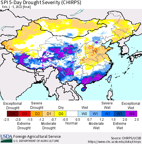 China, Mongolia and Taiwan SPI 5-Day Drought Severity (CHIRPS) Thematic Map For 2/1/2022 - 2/5/2022