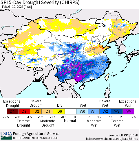 China, Mongolia and Taiwan SPI 5-Day Drought Severity (CHIRPS) Thematic Map For 2/6/2022 - 2/10/2022