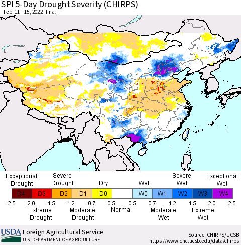 China, Mongolia and Taiwan SPI 5-Day Drought Severity (CHIRPS) Thematic Map For 2/11/2022 - 2/15/2022
