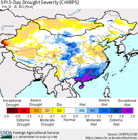 China, Mongolia and Taiwan SPI 5-Day Drought Severity (CHIRPS) Thematic Map For 2/16/2022 - 2/20/2022