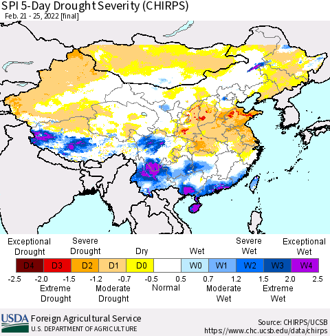 China, Mongolia and Taiwan SPI 5-Day Drought Severity (CHIRPS) Thematic Map For 2/21/2022 - 2/25/2022