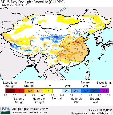 China, Mongolia and Taiwan SPI 5-Day Drought Severity (CHIRPS) Thematic Map For 2/26/2022 - 2/28/2022