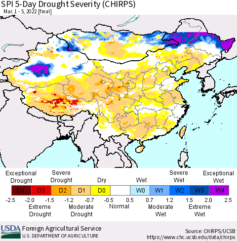 China, Mongolia and Taiwan SPI 5-Day Drought Severity (CHIRPS) Thematic Map For 3/1/2022 - 3/5/2022