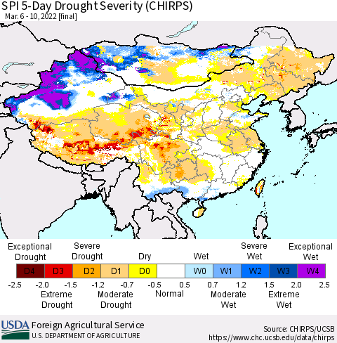 China, Mongolia and Taiwan SPI 5-Day Drought Severity (CHIRPS) Thematic Map For 3/6/2022 - 3/10/2022