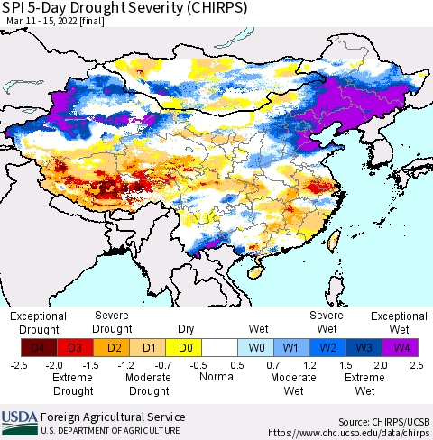 China, Mongolia and Taiwan SPI 5-Day Drought Severity (CHIRPS) Thematic Map For 3/11/2022 - 3/15/2022