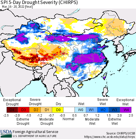 China, Mongolia and Taiwan SPI 5-Day Drought Severity (CHIRPS) Thematic Map For 3/16/2022 - 3/20/2022