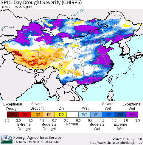 China, Mongolia and Taiwan SPI 5-Day Drought Severity (CHIRPS) Thematic Map For 3/21/2022 - 3/25/2022
