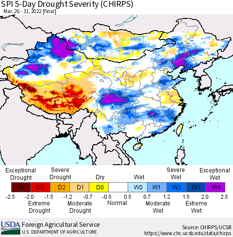 China, Mongolia and Taiwan SPI 5-Day Drought Severity (CHIRPS) Thematic Map For 3/26/2022 - 3/31/2022
