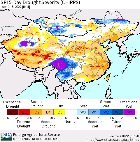 China, Mongolia and Taiwan SPI 5-Day Drought Severity (CHIRPS) Thematic Map For 4/1/2022 - 4/5/2022