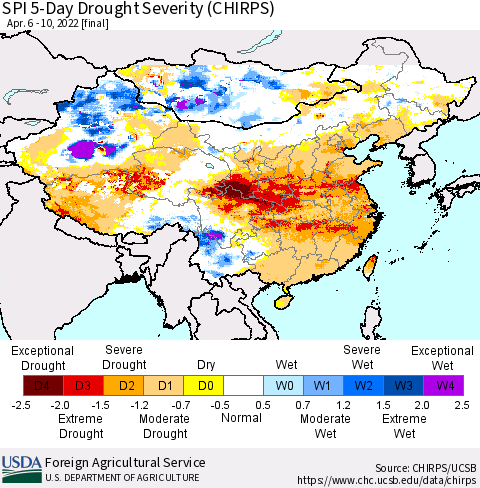 China, Mongolia and Taiwan SPI 5-Day Drought Severity (CHIRPS) Thematic Map For 4/6/2022 - 4/10/2022