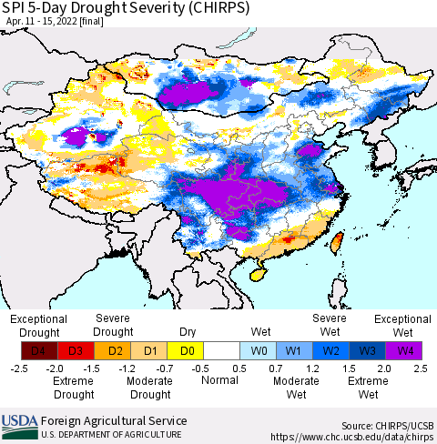 China, Mongolia and Taiwan SPI 5-Day Drought Severity (CHIRPS) Thematic Map For 4/11/2022 - 4/15/2022