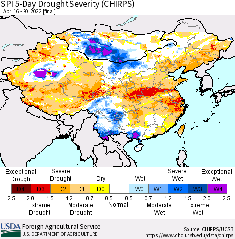 China, Mongolia and Taiwan SPI 5-Day Drought Severity (CHIRPS) Thematic Map For 4/16/2022 - 4/20/2022