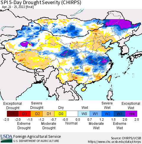 China, Mongolia and Taiwan SPI 5-Day Drought Severity (CHIRPS) Thematic Map For 4/21/2022 - 4/25/2022