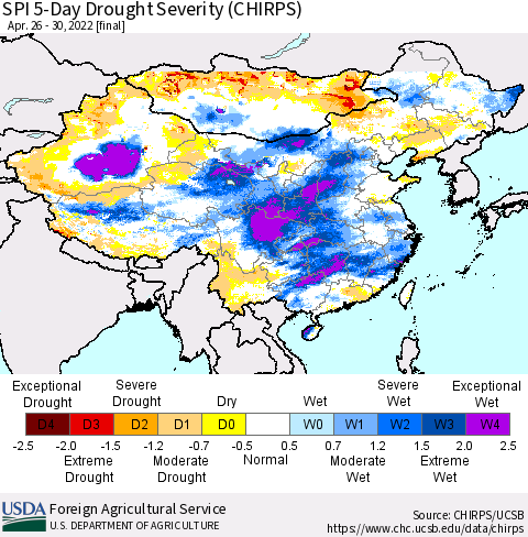 China, Mongolia and Taiwan SPI 5-Day Drought Severity (CHIRPS) Thematic Map For 4/26/2022 - 4/30/2022