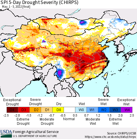 China, Mongolia and Taiwan SPI 5-Day Drought Severity (CHIRPS) Thematic Map For 5/1/2022 - 5/5/2022