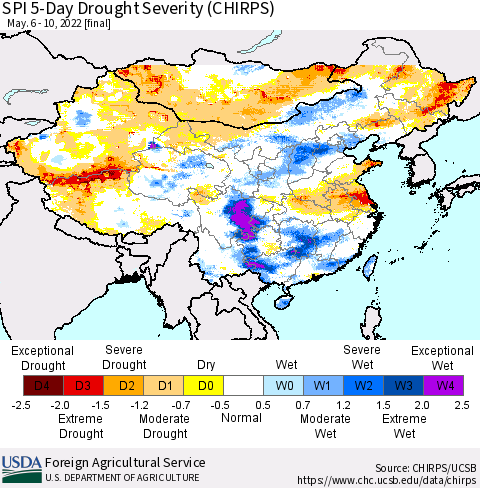 China, Mongolia and Taiwan SPI 5-Day Drought Severity (CHIRPS) Thematic Map For 5/6/2022 - 5/10/2022